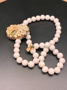 Vintage Miriam Haskell Necklace: White Glass Beads, Rhinestone Floral Clasp